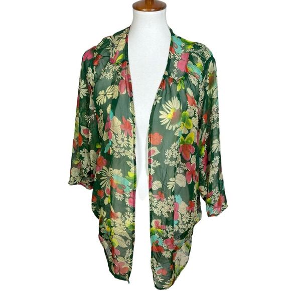 Tulle Sheer Chiffon Tropical Floral Kimono Cover Up Size L - Picture 1 of 7